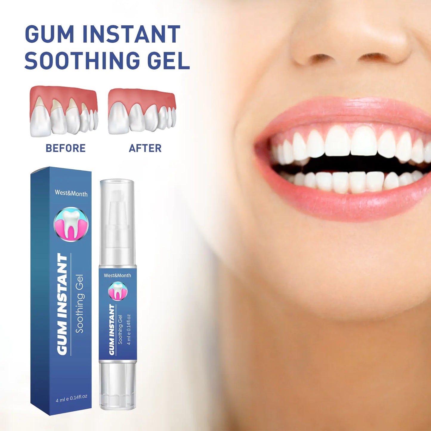 Say goodbye to the worries of gum issues and hello to a brighter, more confident smile with the West&Month Gum Care Gel for Pain Relief and Whitening.